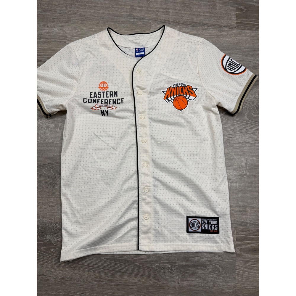 NBA Ultra Game Mens New York Knicks Baseball Jersey Cream Mesh Button Up Size S